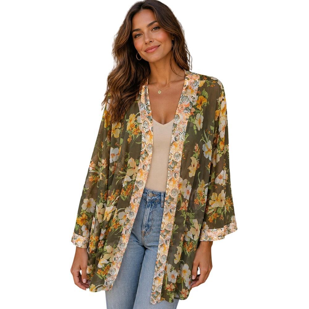 Cato 26 / 28W chiffon floral open cardigan career casual layering top EUC  boho